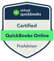 Badge showing “Intuit QuickBooks Certified QuickBooks Online ProAdvisor” on a shield-shaped background with green and blue accents.